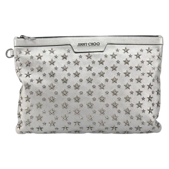 Jimmy Choo Studs Clutch Bag Leather Silver Auth 160738 - Picture 13 of 16